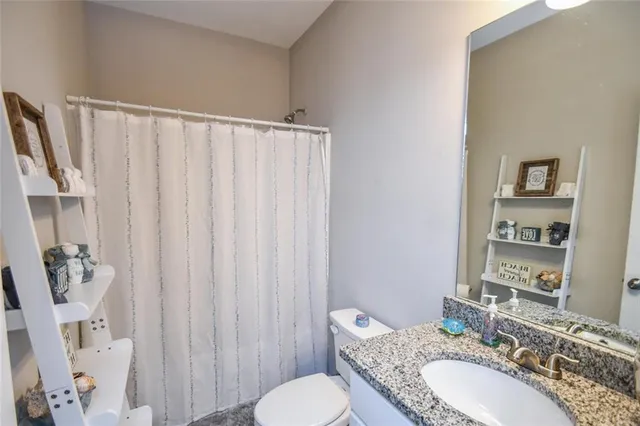 a bathroom with a sink a toilet and shower curtain