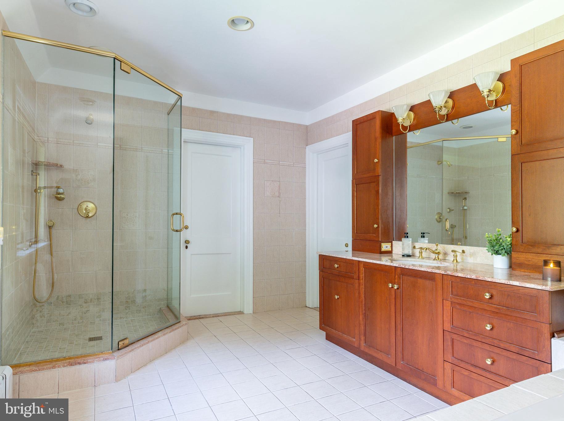 1419 County Line Road Bryn Mawr, PA 19010 - Photo 32 of 65 a bathroom with a double vanity sink mirror and shower