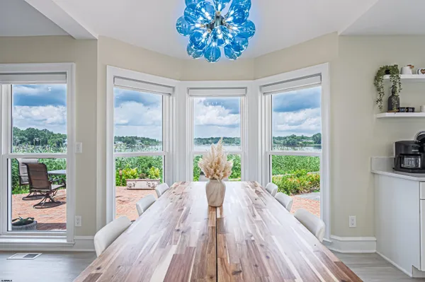 a view of a dining room with furniture window and outside view