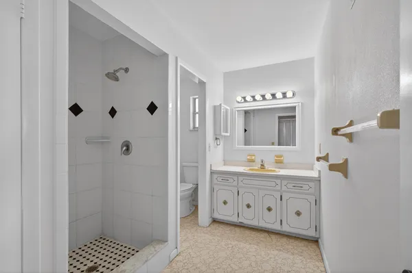 a bathroom with a double vanity sink toilet mirror and bathtub