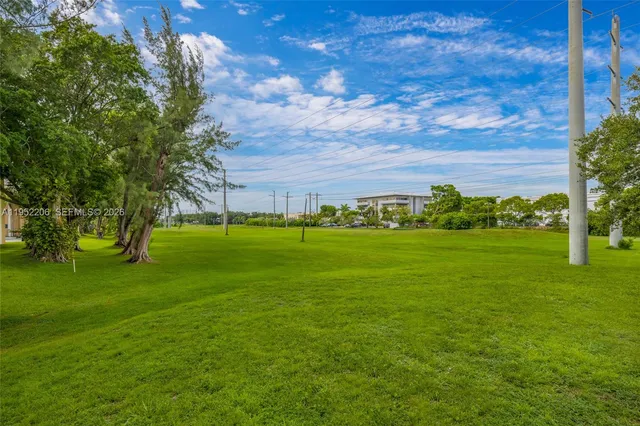a garden with trees in front of it