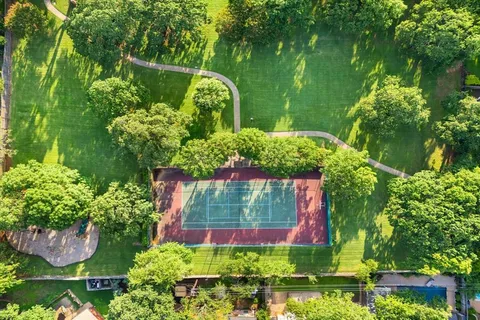 a view of a yard with an umbrella