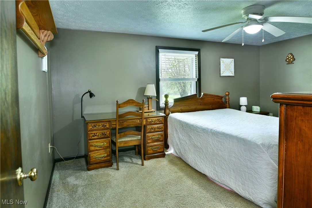 379 Housel Craft Road Bristolville, OH 44402 - Photo 24 of 50 Carpeted bedroom featuring a textured ceiling and ceiling fan