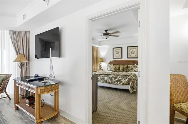 a view of a park with plants and palm trees