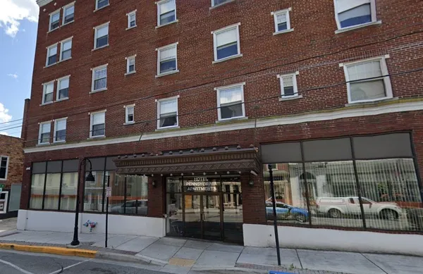 a view of a building with a door