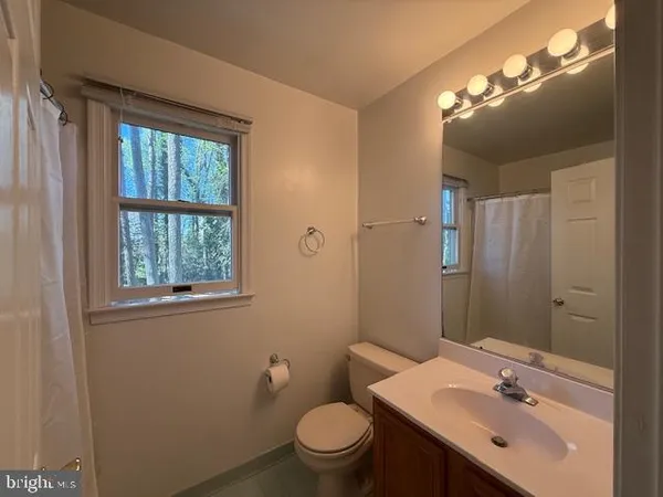 a bathroom with a sink vanity mirror and toilet