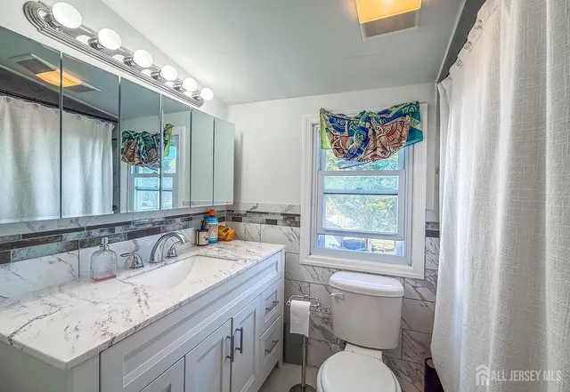 a bathroom with a sink a toilet and a mirror