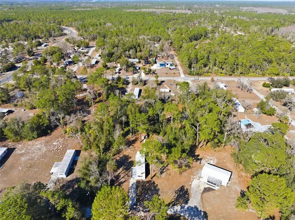 an aerial view of residential houses with outdoor space and trees