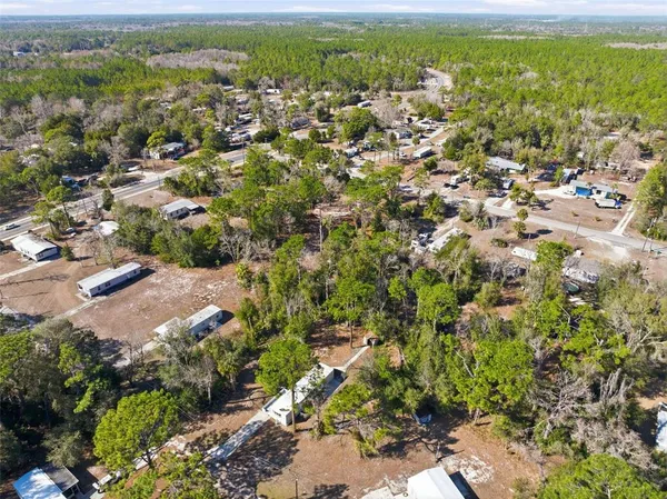an aerial view of residential houses with outdoor space and trees