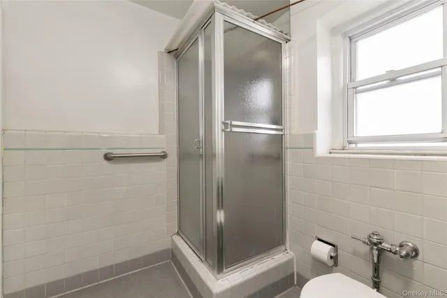 a bathroom with a shower and a toilet