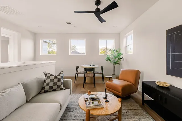 a living room with furniture and a potted plant