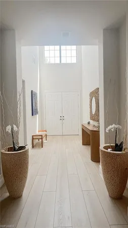 a living room with a couch and a potted plant