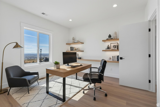 710 East Mountain Road North Ogden, UT 84414 - Photo 18 of 36 Enhanced staged photo Home office with light wood-style flooring and recessed lighting