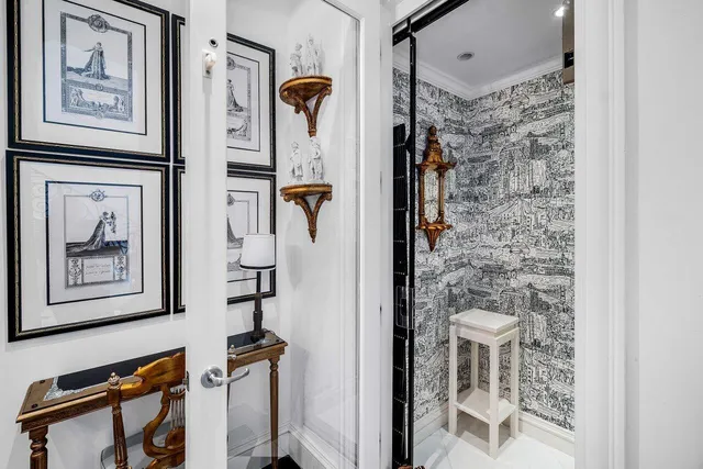 a bathroom with a shower and a toilet