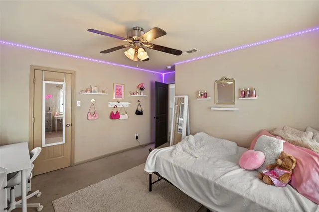 a view of a park with large trees