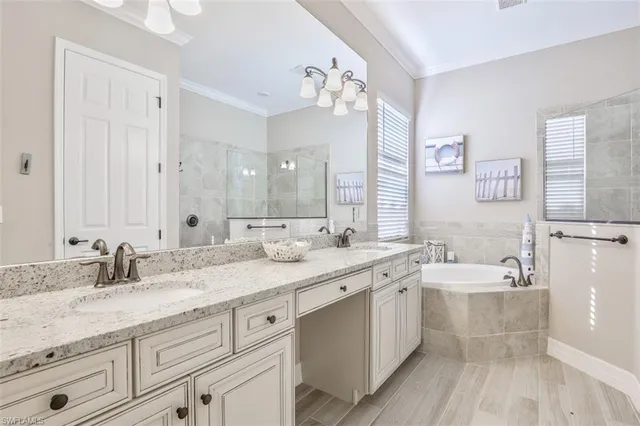 a bathroom with a granite countertop double vanity sink a mirror and a bathtub