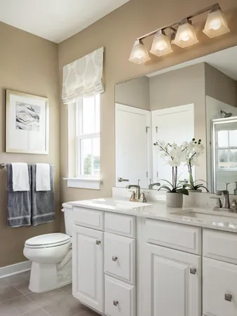 a bathroom with a double vanity sink a toilet and a window