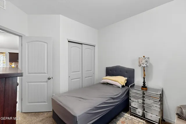 a bedroom with a bed and a closet