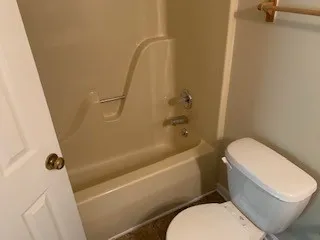 a white toilet sitting next to a bath tub