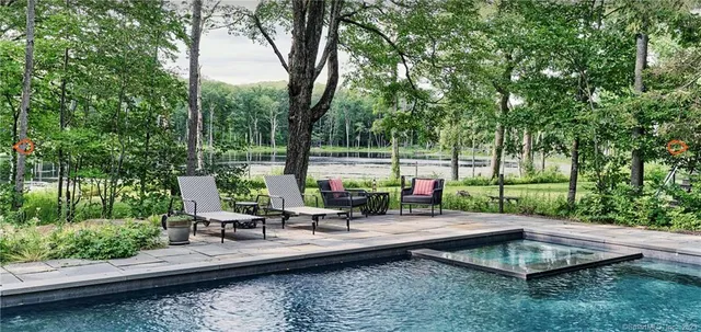 a view of a park with large trees