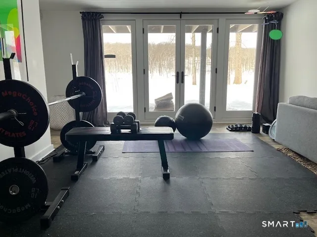 a view of a yard and a tree in the background