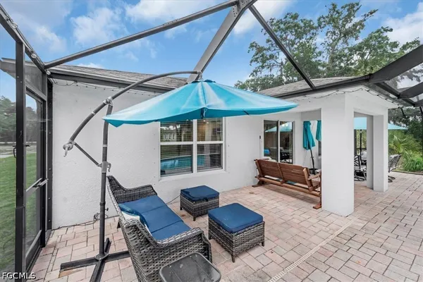 a backyard of a house with seating space