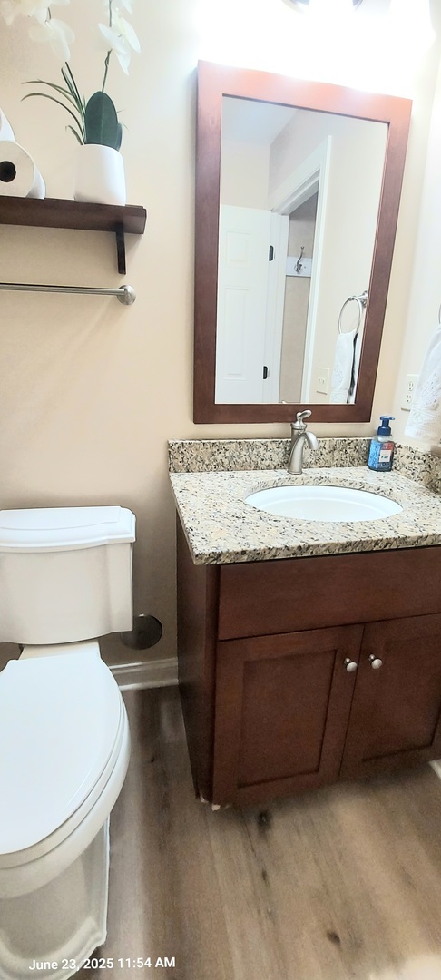100 Hamlet Circle Montgomery, IL 60538 - Photo 21 of 42 a bathroom with a granite countertop toilet sink and mirror