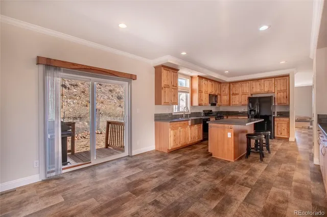 a kitchen with a refrigerator and a sink