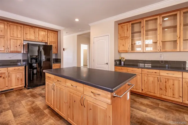 a kitchen with stainless steel appliances granite countertop a refrigerator a stove and a sink with granite countertops