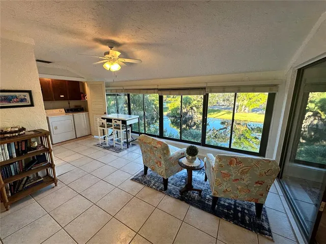 a living room with a large window