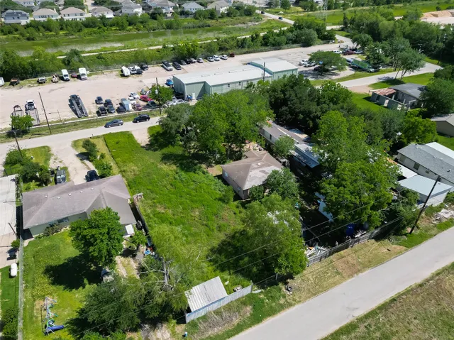 an aerial view of a house with garden