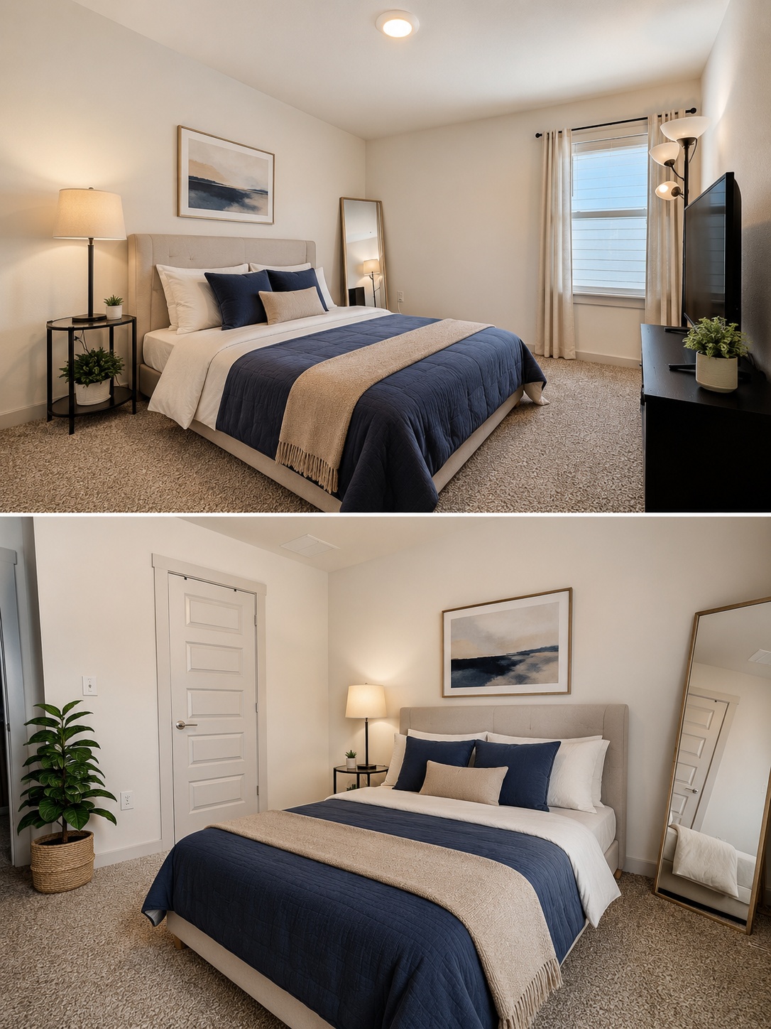 10924 Meris Lane Austin, TX 78754 - Photo 11 of 20 Bedroom featuring neutral wall paint, light-colored carpeting, a window with blinds and curtains, a built-in ceiling light, and a paneled interior door