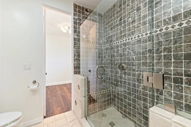 a bathroom with a shower and toilet