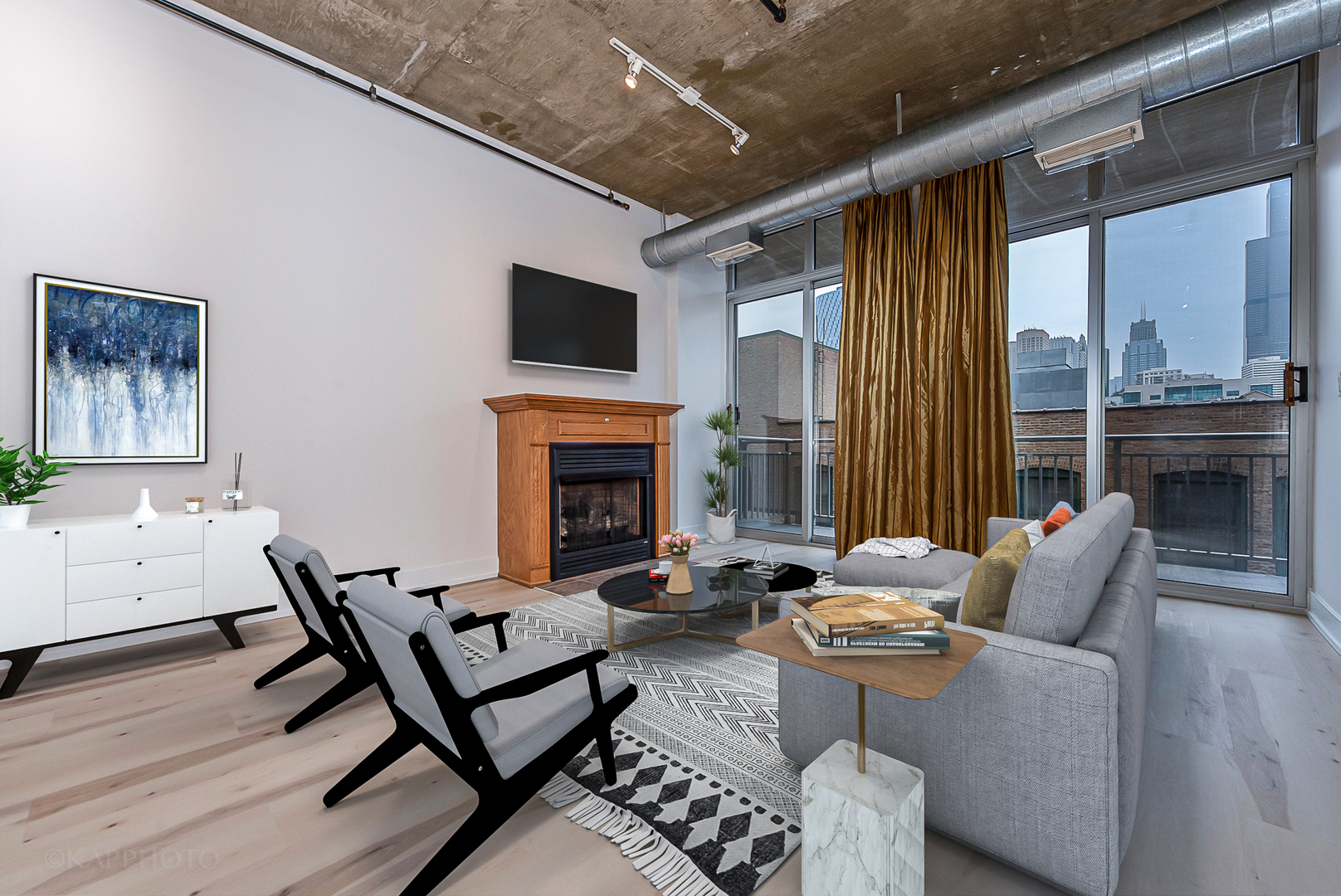 111 South Morgan Street, Unit 619 Chicago, IL 60607 - Photo 2 of 35 a living room with furniture a large window and a fireplace