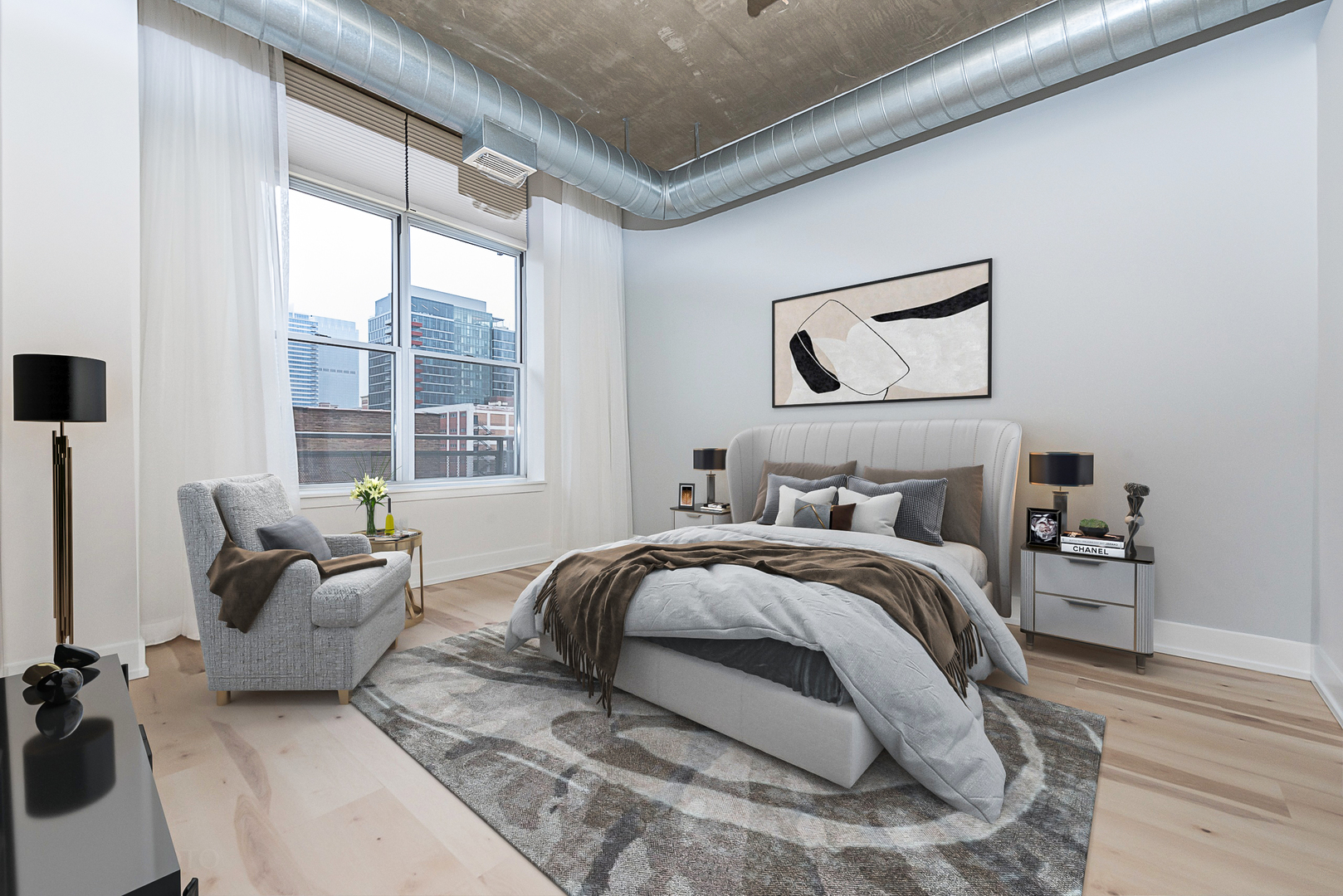 111 South Morgan Street, Unit 619 Chicago, IL 60607 - Photo 5 of 35 a bedroom with a bed and a large window