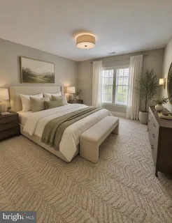a spacious bedroom with a bed a couch and large window