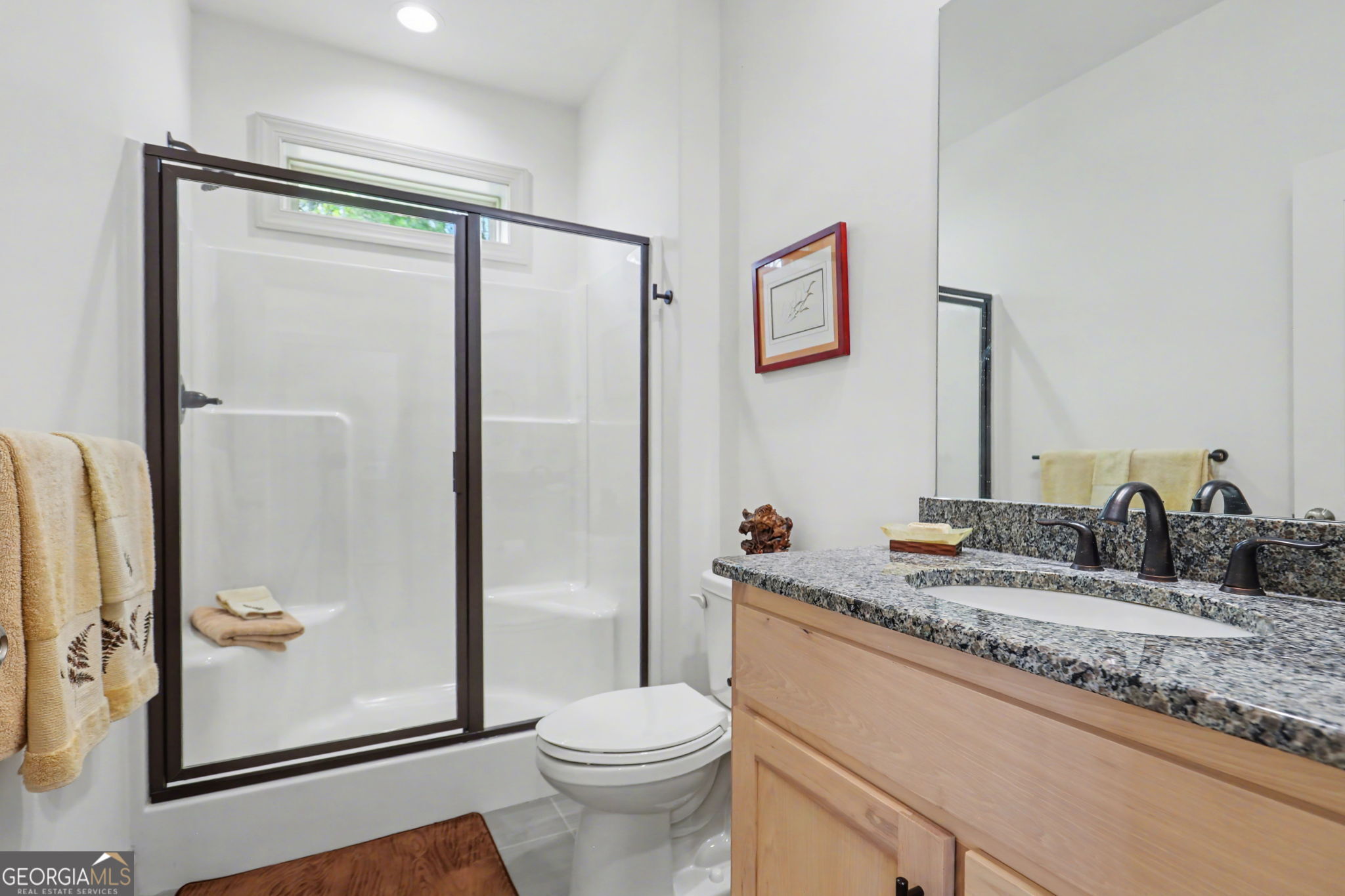 100 Deacons Way Franklin, NC 28734 - Photo 34 of 53 a bathroom with a granite countertop sink toilet and shower