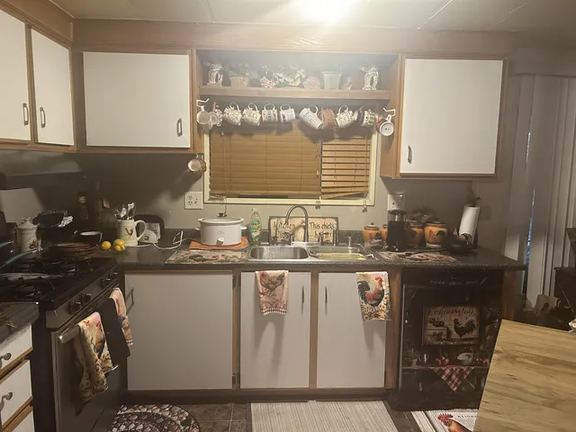 a kitchen with a sink and cabinets