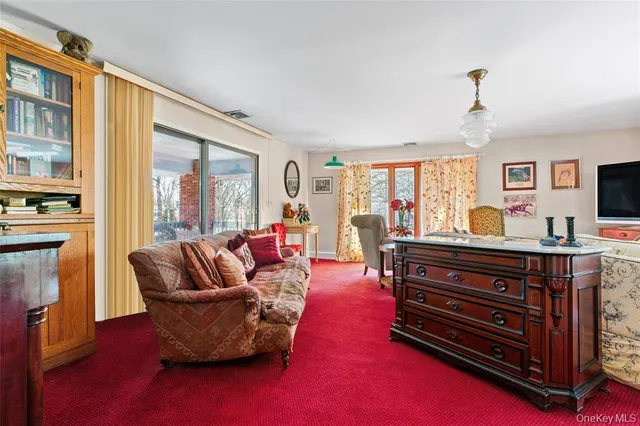 a living room with furniture a rug and a window