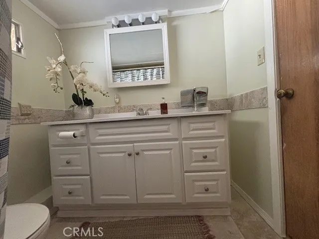 a bathroom with a sink a toilet and mirror
