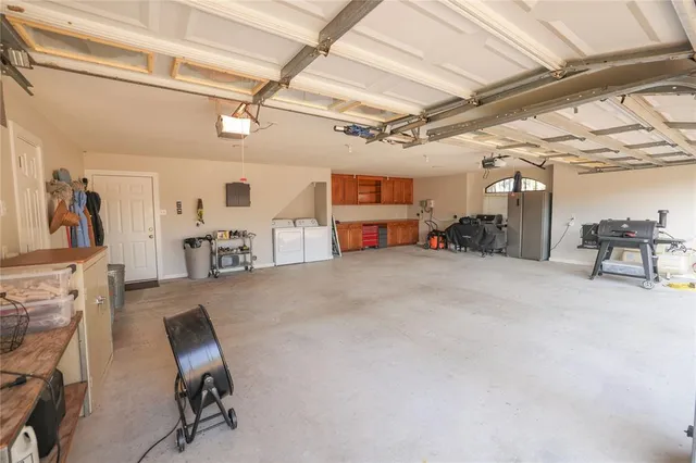 a view of a garage with storage