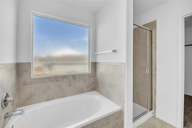 a bathroom with a bathtub and shower