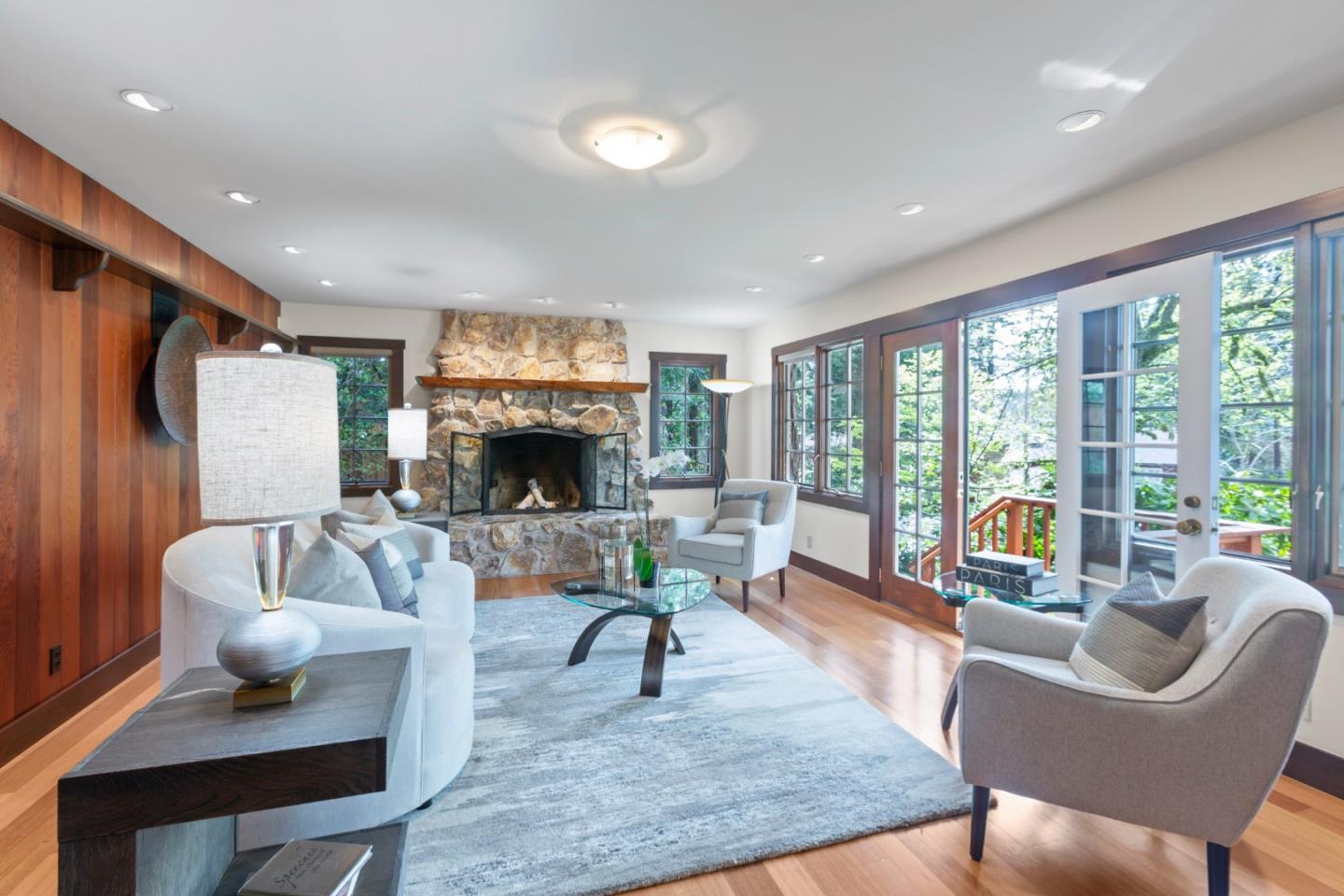 36 Skyline Drive Woodside, CA 94062 - Photo 12 of 67 a living room with furniture fireplace and large windows
