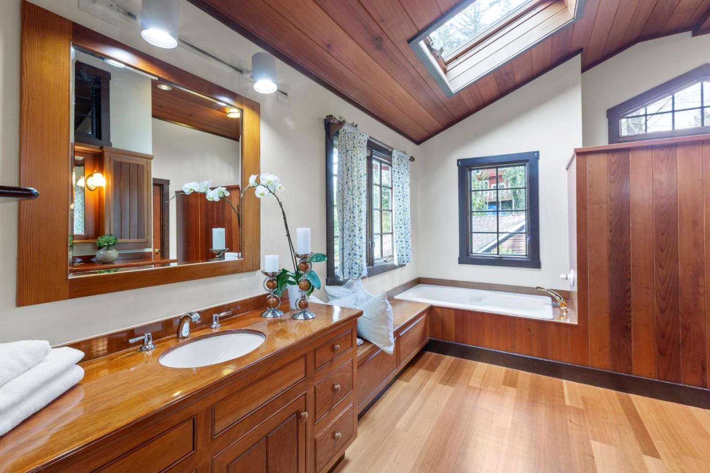 36 Skyline Drive Woodside, CA 94062 - Photo 52 of 67 a bathroom with a sink double vanity granite and a large mirror