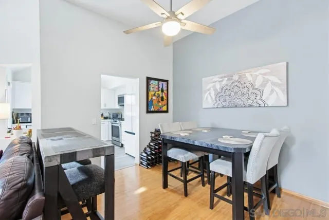 a view of a dining room with furniture