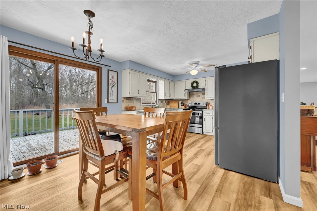 259 East Ohio Avenue Rittman, OH 44270 - Photo 6 of 41 Dining space featuring light wood-type flooring, a chandelier, ceiling fan, and a textured ceiling