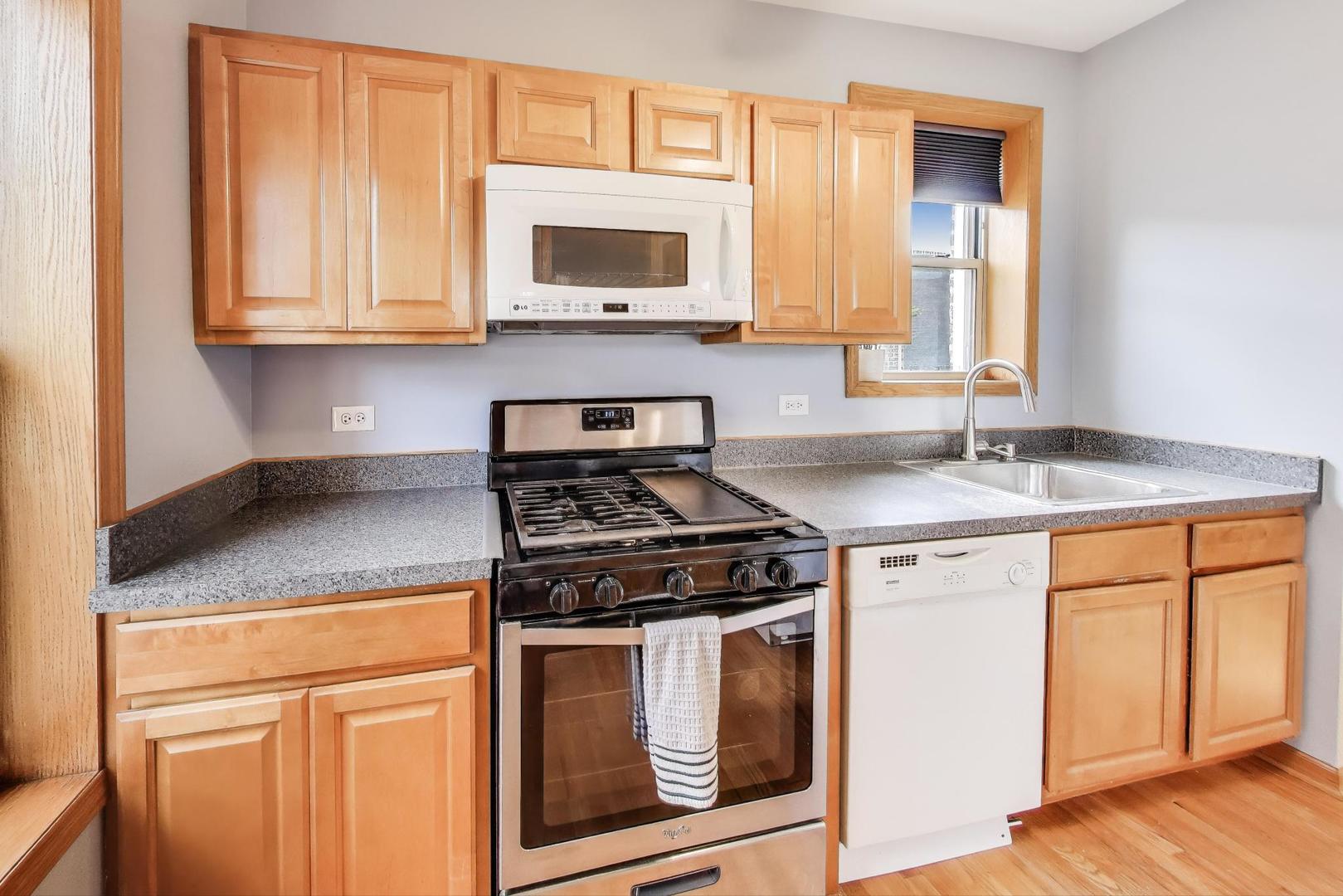 243 Washington Boulevard, Unit 3A Oak Park, IL 60302 - Photo 19 of 21 a kitchen with granite countertop cabinets stainless steel appliances and wooden floor