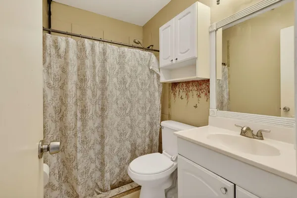 a bathroom with a sink a toilet and shower curtain