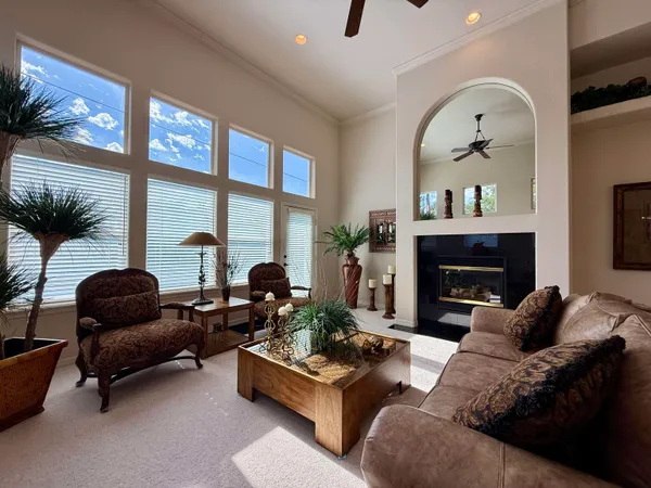 a living room with furniture and a fireplace