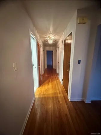 a view of a hallway with wooden floor and a chandelier